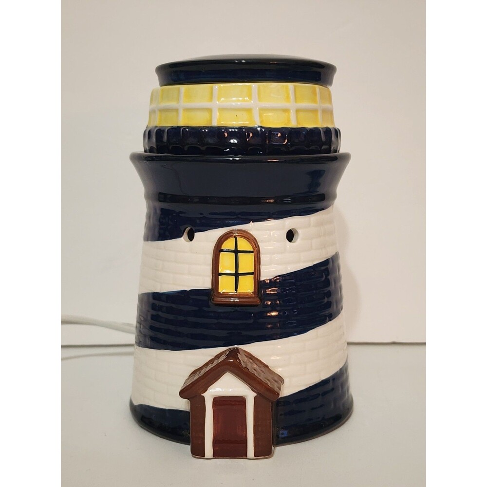 Scentsy Lighthouse Wax Warmer Full Size Nautical Blue White Retired Used 3 Piece